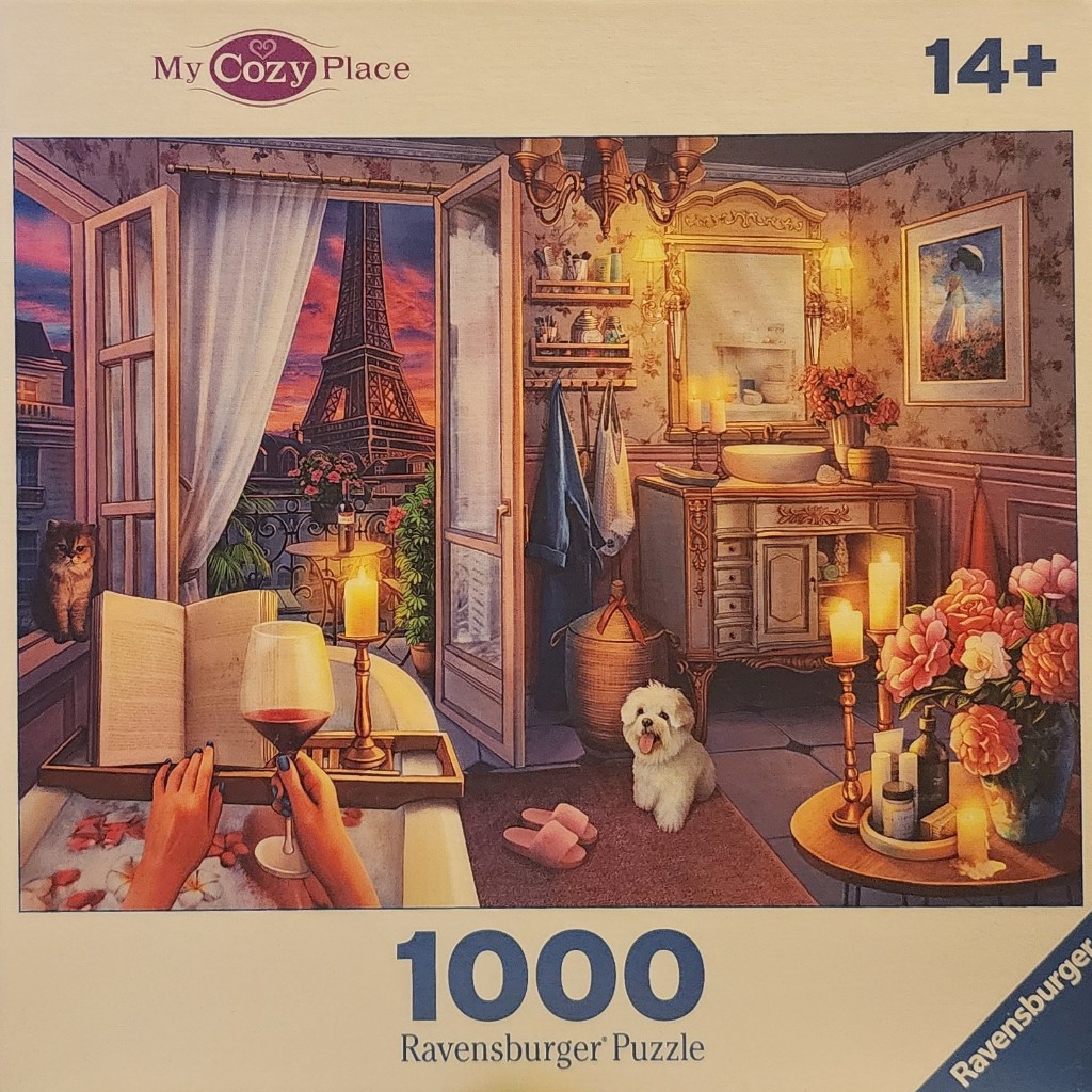 An illustration of a luxurious Parisian bathroom with a view of the Eiffel Tower at sunset, including a relaxing bath.