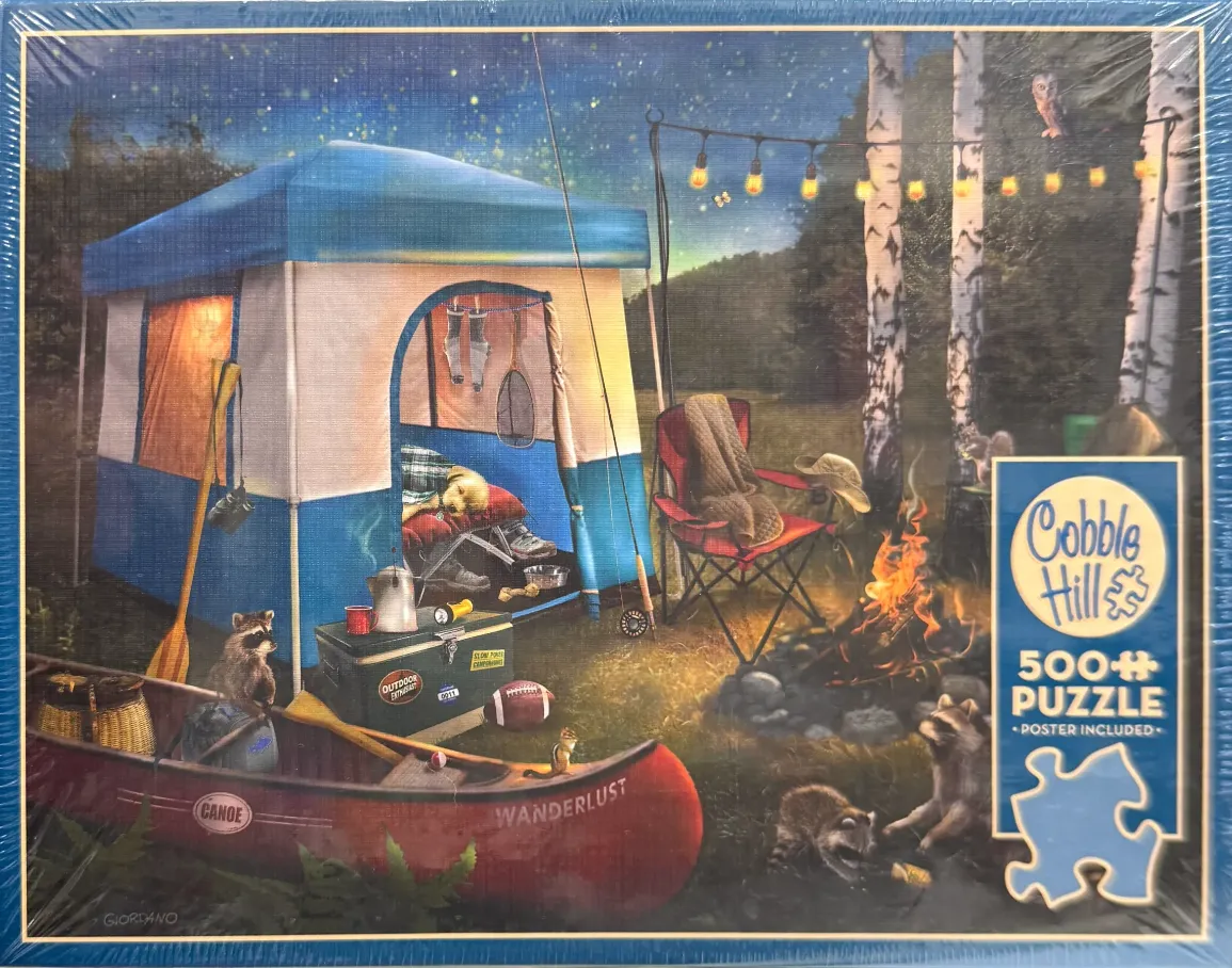 A cozy nighttime camping scene featuring a blue and white tent, a red canoe, a campfire, and several curious raccoons.
