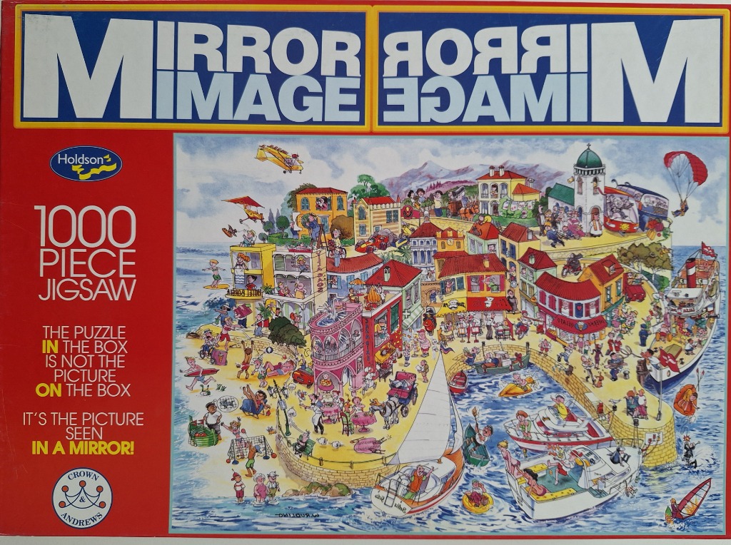 Cartoon illustration of a busy, colorful Mediterranean-style seaside town and harbor scene.
