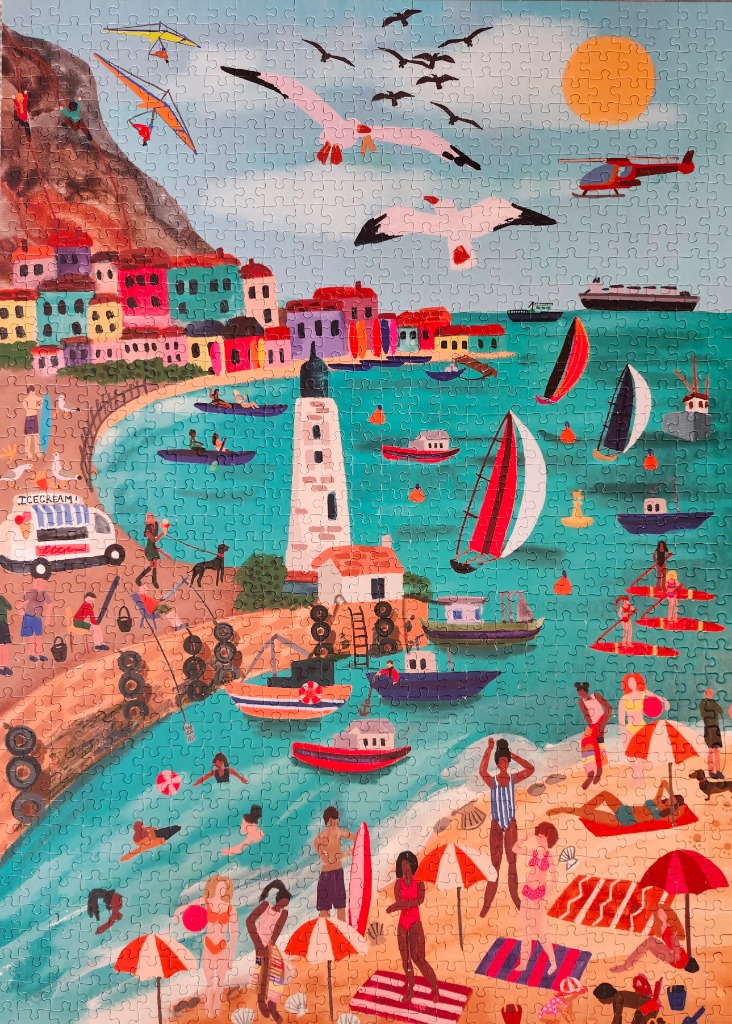 A whimsical folk-art style illustration of a vibrant seaside town with a beach, lighthouse, and various water activities.