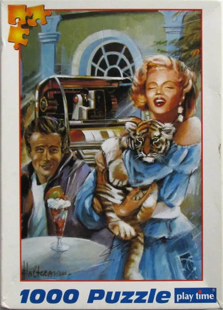 Painted portrait of Marilyn Monroe holding a tiger cub next to James Dean at a restaurant table.