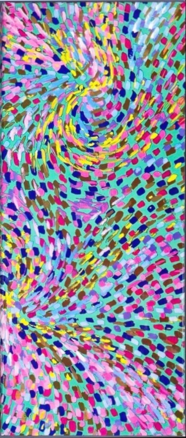 Abstract painting with swirling colorful brushstrokes on a mint green background.
