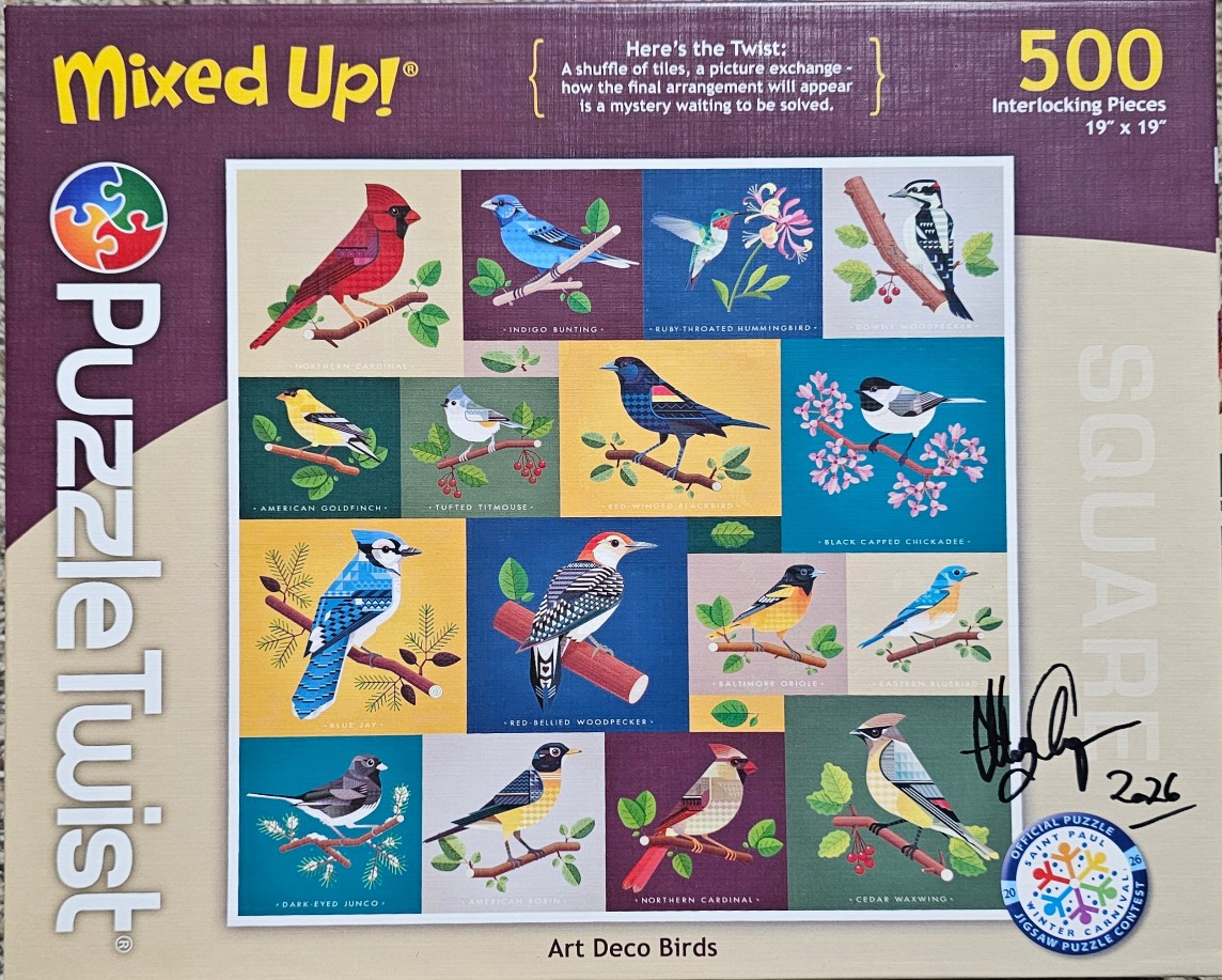 A collage of fourteen stylized birds set in a grid of square panels.