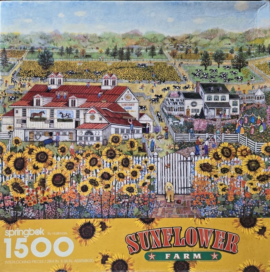 A whimsical illustration of a busy farm featuring a large red-roofed barn, a white farmhouse, and fields of sunflowers.