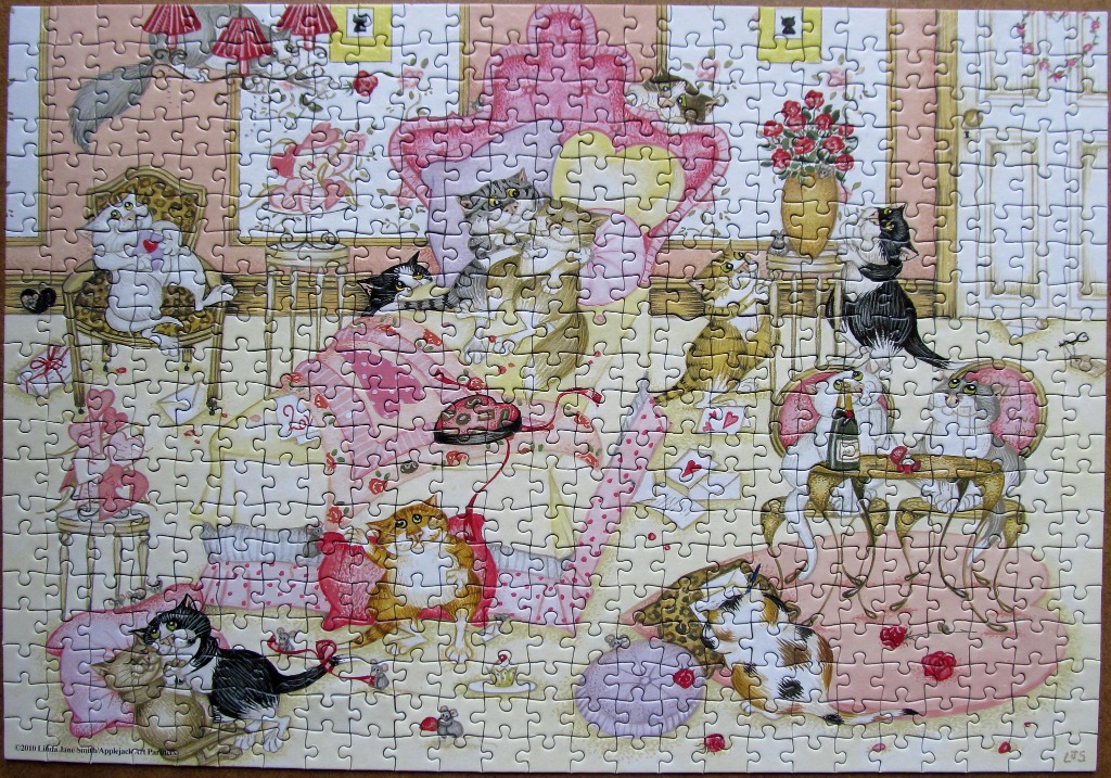An illustration of several cats in a Victorian-style room decorated for Valentine's Day.