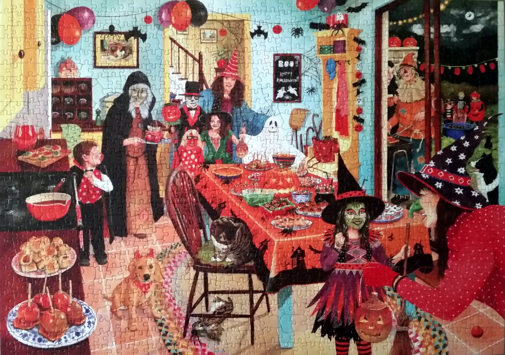 An indoor Halloween party scene featuring children in costumes, pets, and festive food.
