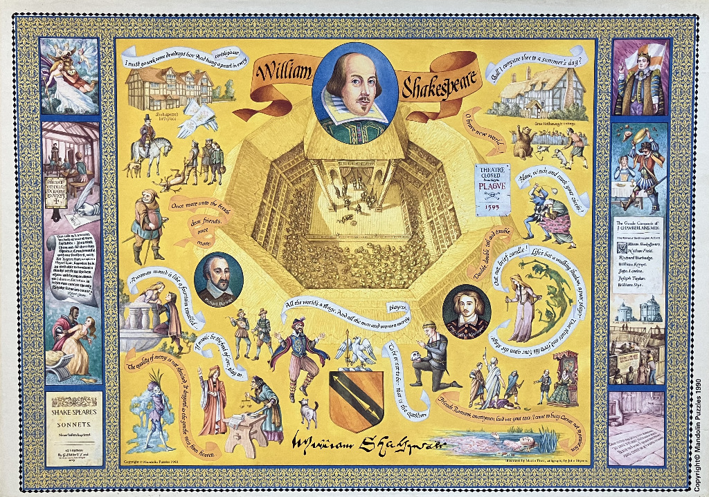 Collage-style illustration themed around the life and works of William Shakespeare.