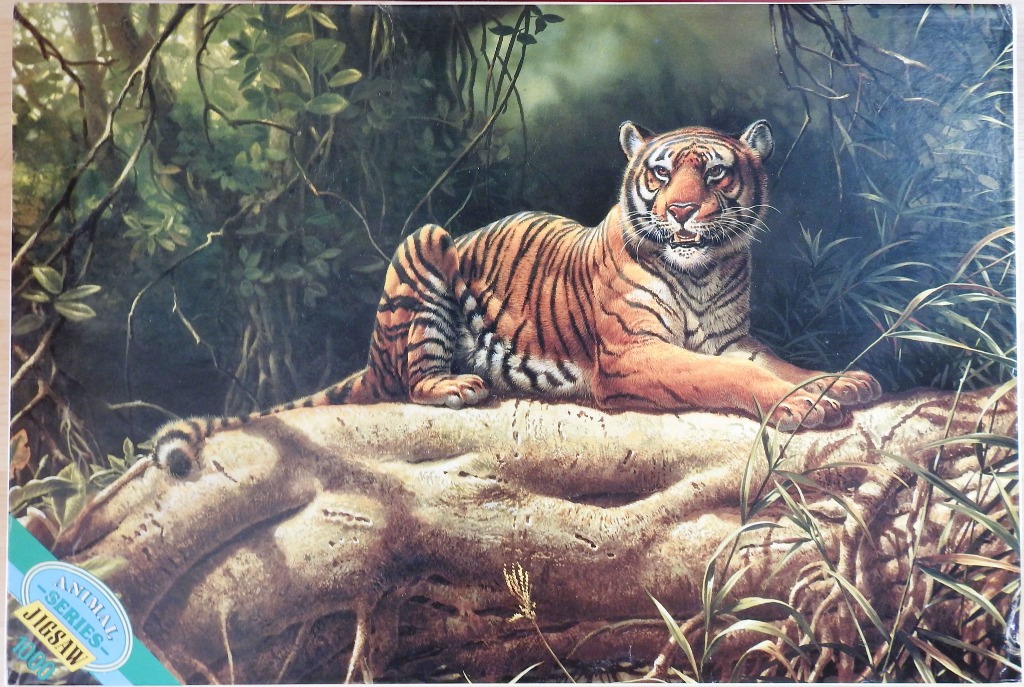 A detailed painting of a tiger resting on a large, mossy fallen tree trunk in a lush, dense jungle setting.