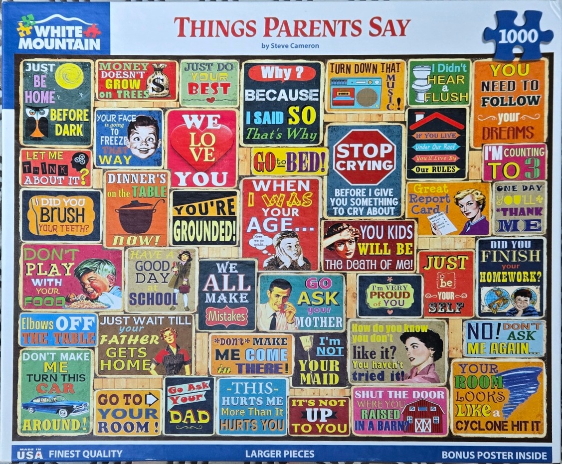 A collage of vintage-style signs featuring common phrases parents say to their children.