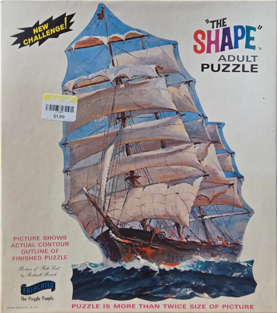 A painting of a tall ship with white sails navigating rough blue seas.