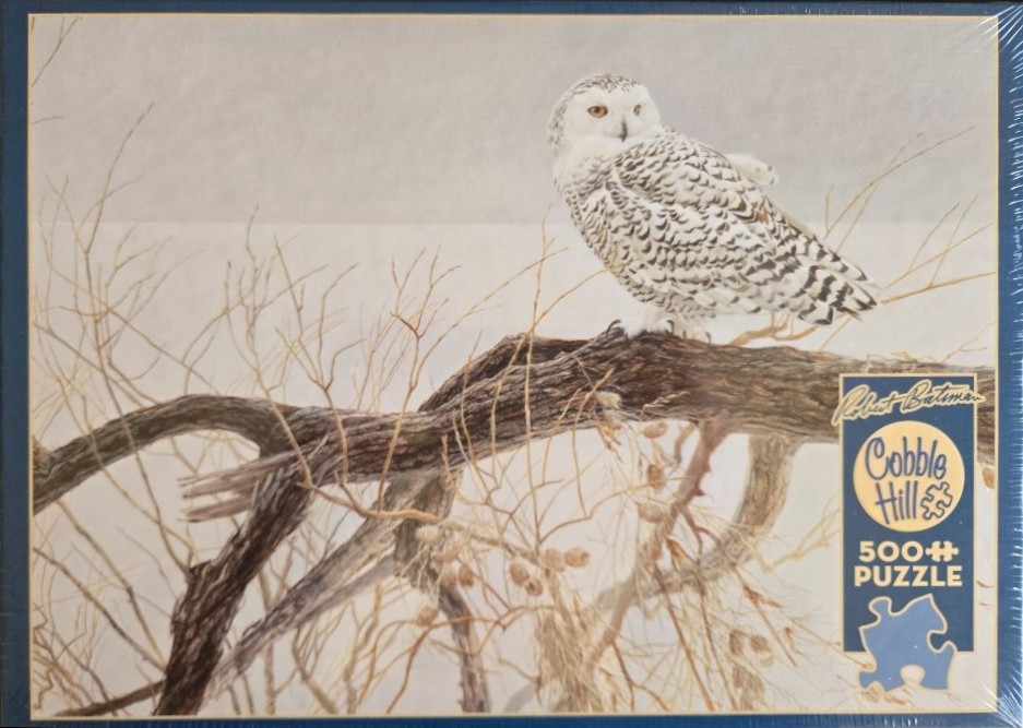 A snowy owl perched on a gnarled, leafless tree branch against a pale, wintry sky.
