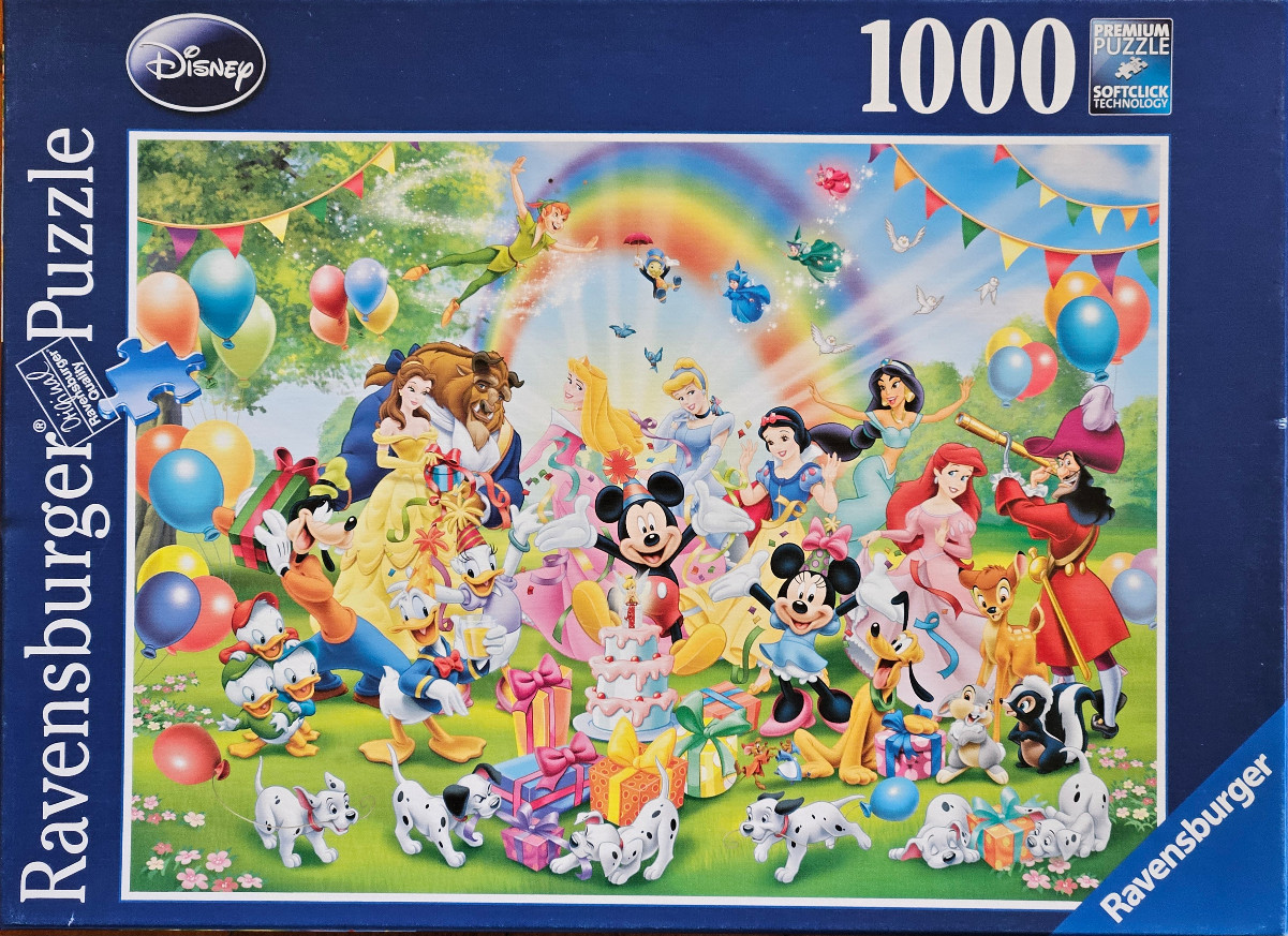 A festive gathering of various animated Disney characters celebrating outdoors with gifts and balloons.