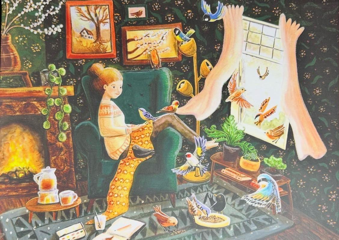 An illustration of a girl in a green armchair surrounded by many birds in a cozy, dark-walled living room.
