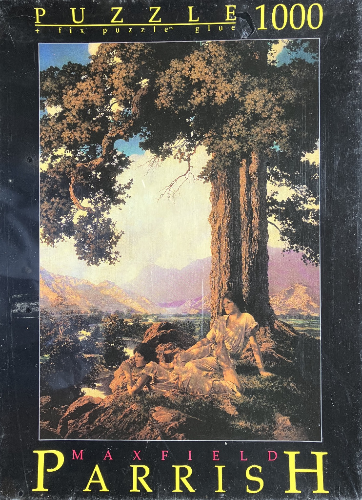 An illustration of two figures resting beneath a large, towering tree in a mountainous landscape at twilight.