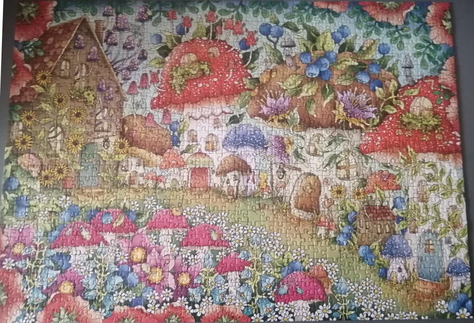 Whimsical illustration of a mushroom forest village with cozy cottage homes and colourful floral details.