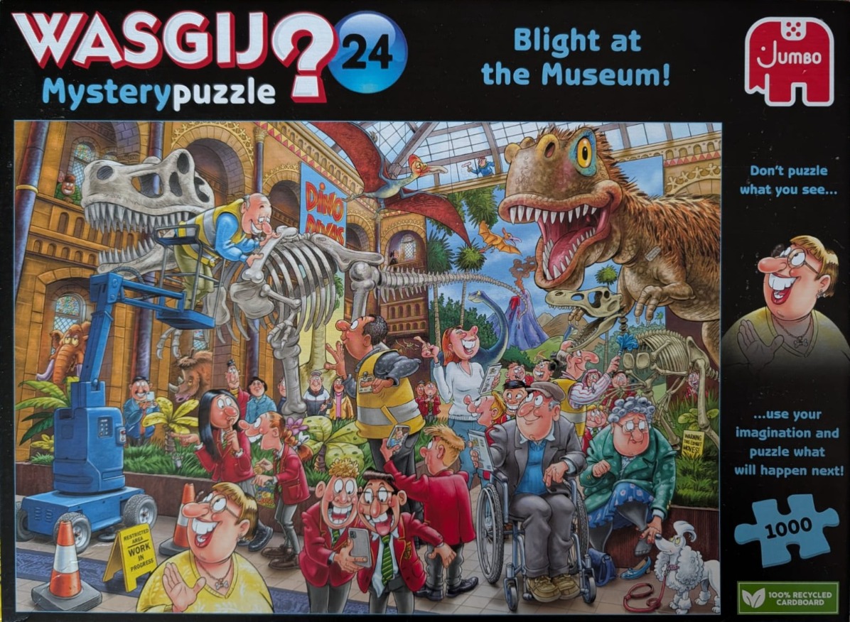 A comedic cartoon illustration of a busy, chaotic natural history museum filled with dinosaur skeletons and visitors.
