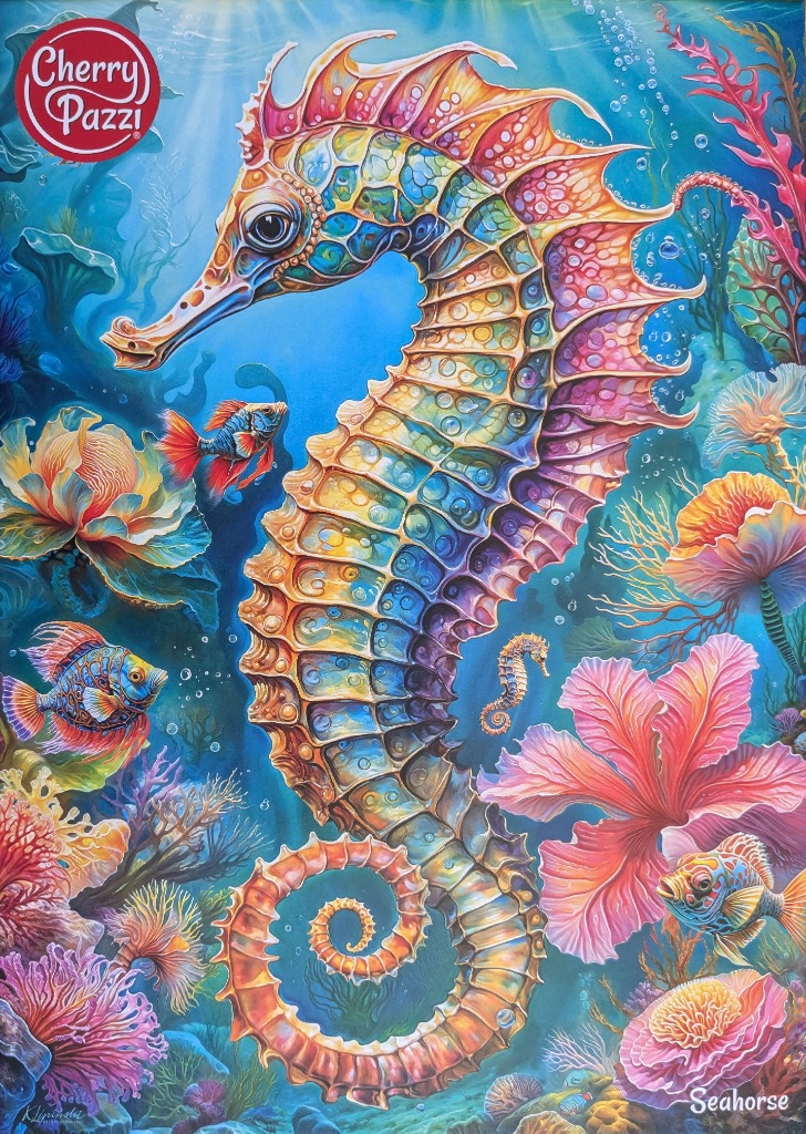 A vibrant, rainbow-colored seahorse swims among exotic coral and small tropical fish in a deep blue ocean scene.
