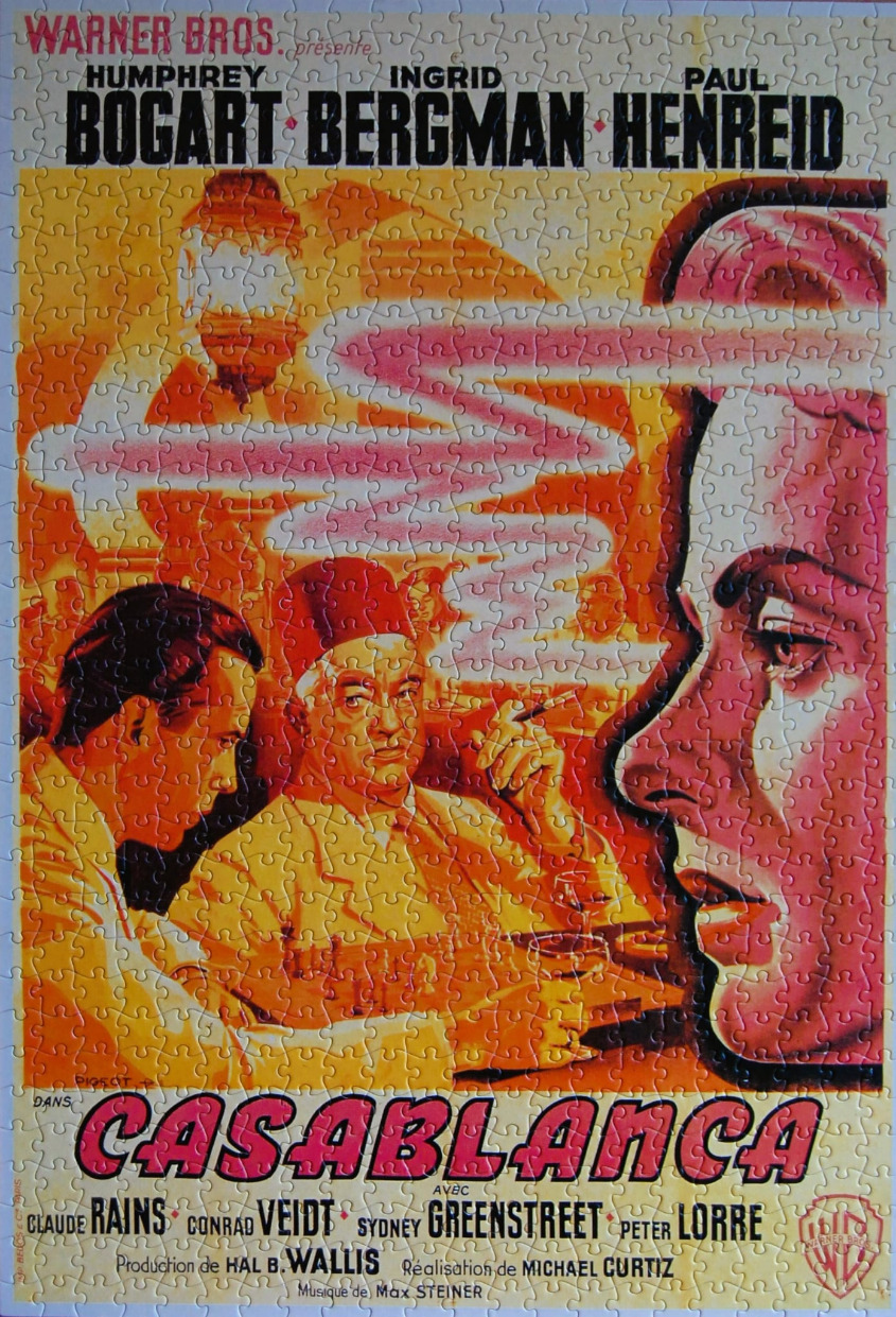 Vintage French movie poster for the film Casablanca featuring stylized illustrations of Bogart, Bergman, and Greenstreet.