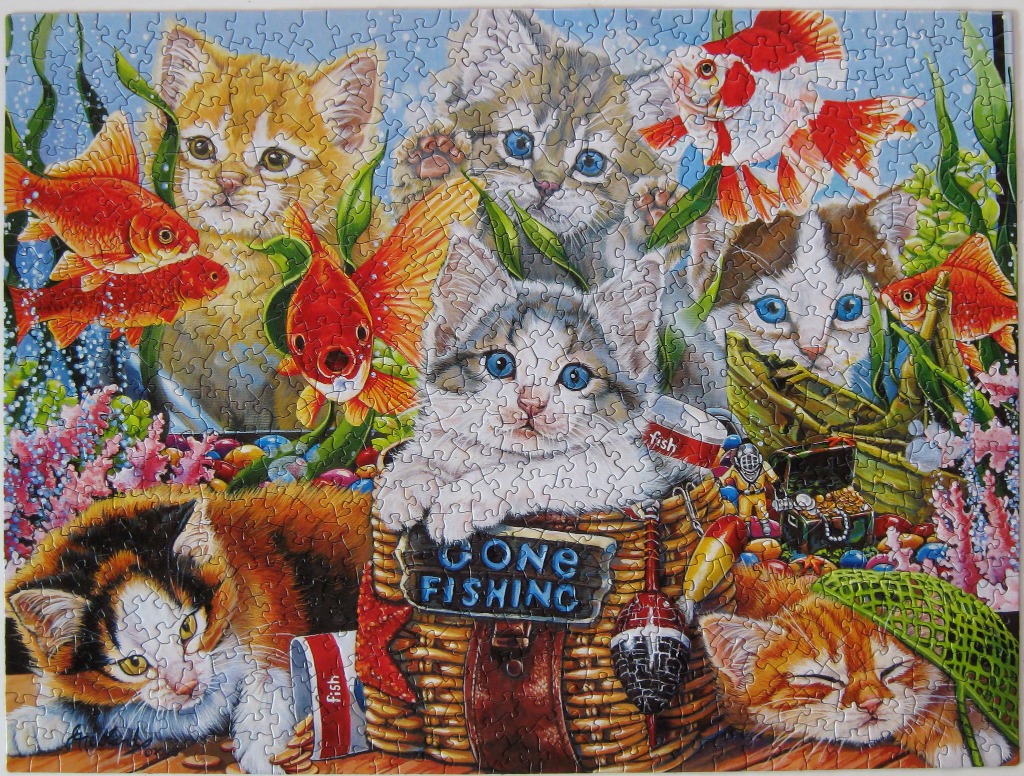 A whimsical illustration of several kittens interacting with goldfish and fishing gear in a vibrant underwater setting.