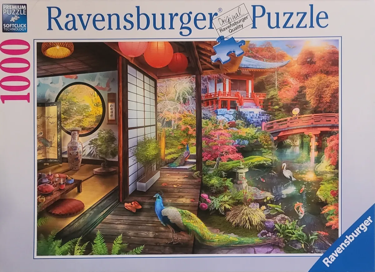 A split-view image showing a traditional Japanese tea room interior and a tranquil garden with a red bridge and peacocks.