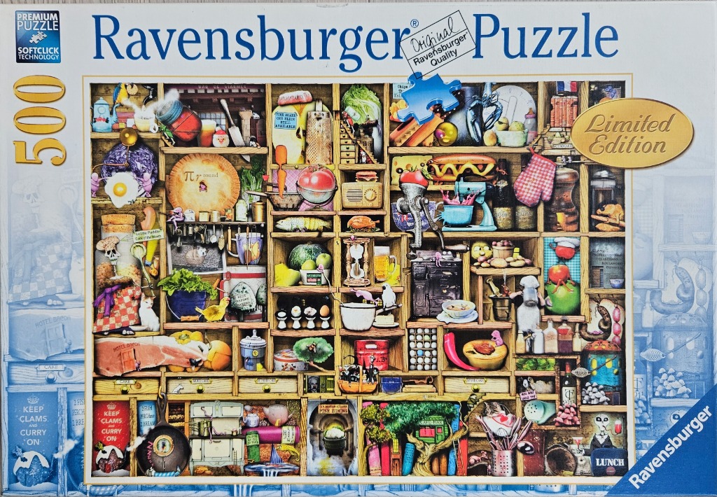 A detailed illustration of a wooden kitchen shelf packed with diverse food items, tools, and whimsical characters.