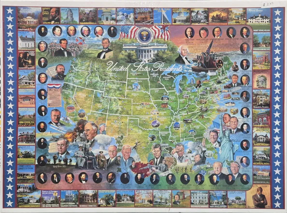 A collage map of the United States featuring portraits of presidents and historical landmarks.