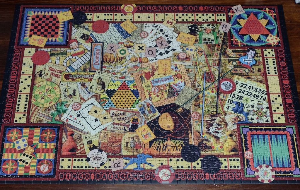 A collage of various vintage game boards, playing cards, and tokens creating a busy, nostalgic aesthetic.