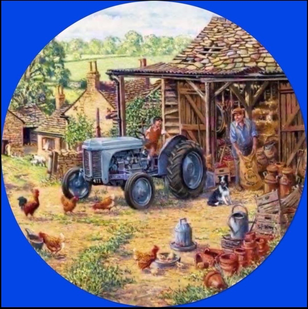 A farmer and a child near a vintage grey tractor in a rural farmyard setting.