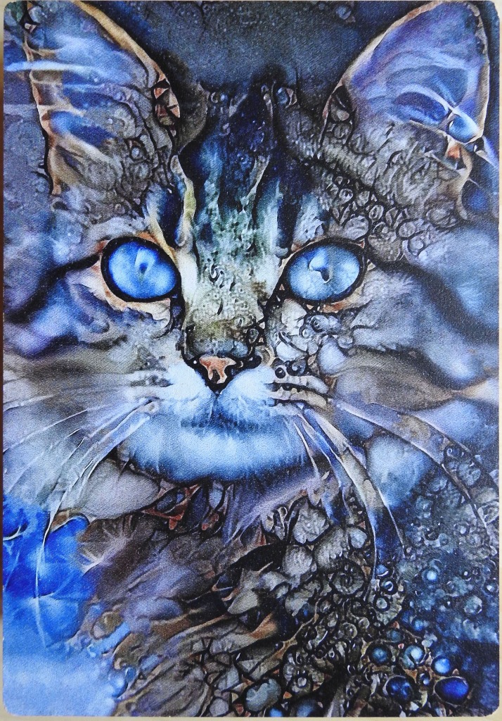 A digital illustration of a cat face with intense glowing blue eyes surrounded by swirling cosmic patterns.