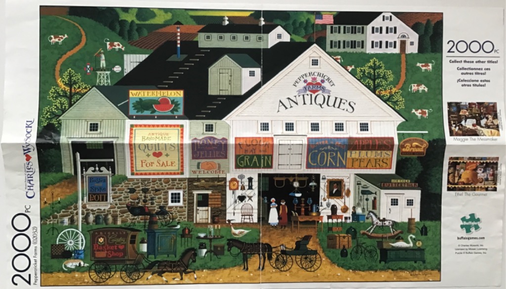 A whimsical folk art painting of a large white barn converted into an antique shop with people and animals.