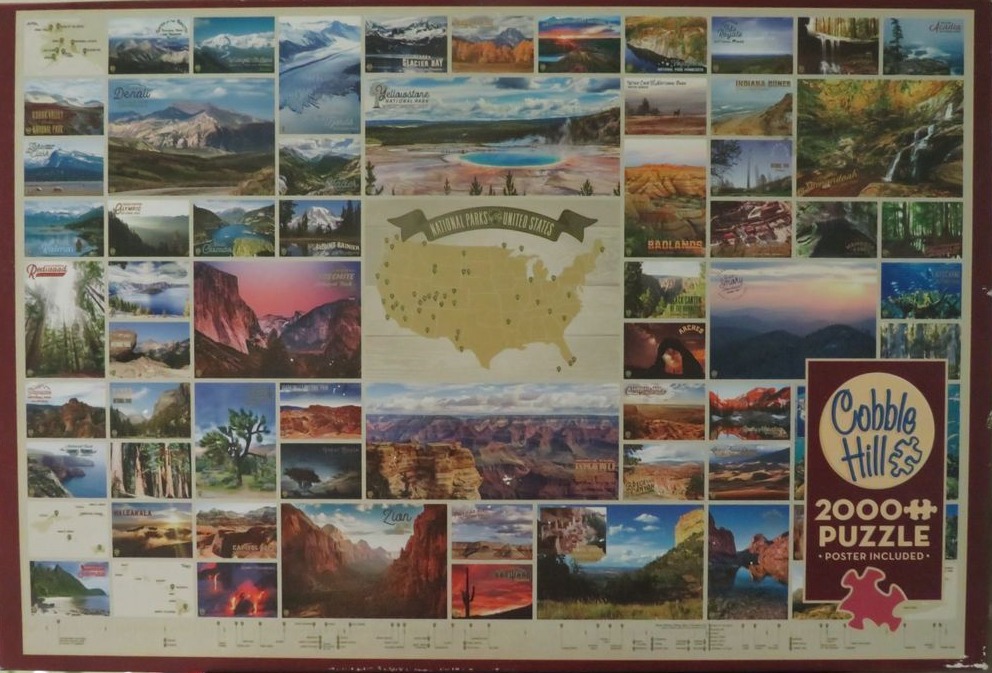 US National Parks collage: mountains, canyons, glaciers, waterfalls, ocean, and a map.