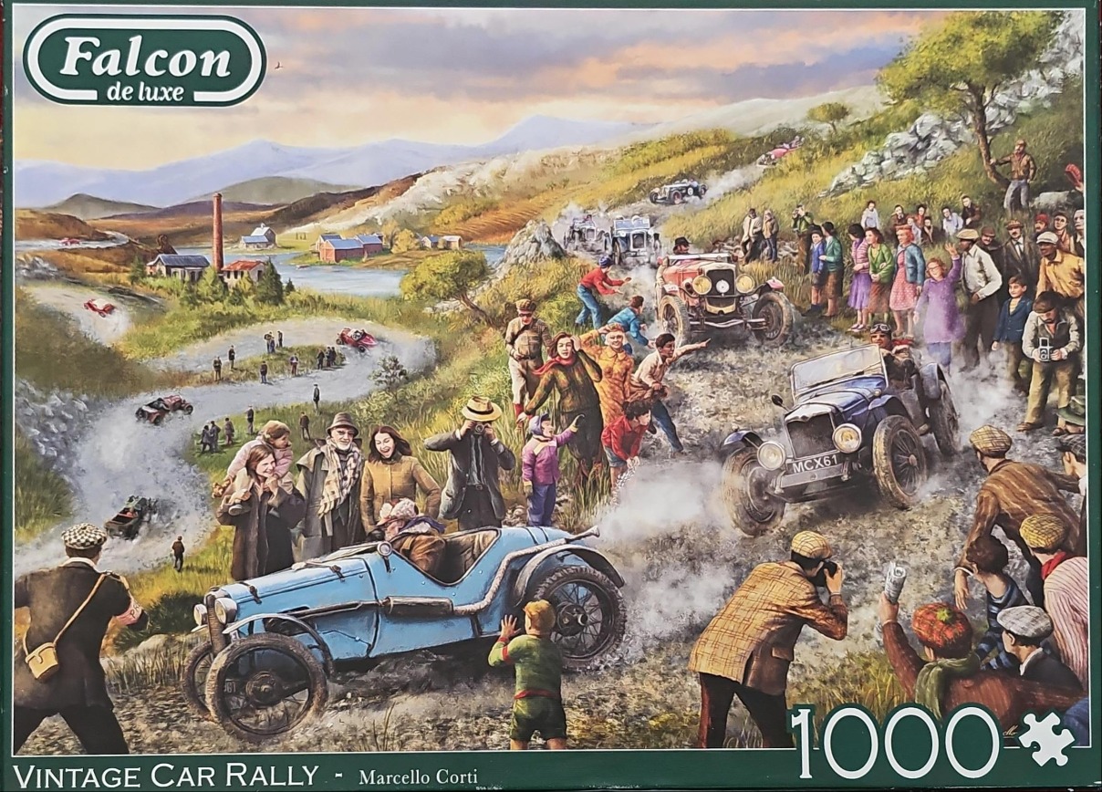 An illustration of a vintage car rally with spectators watching as antique cars drive along a winding mountain road.