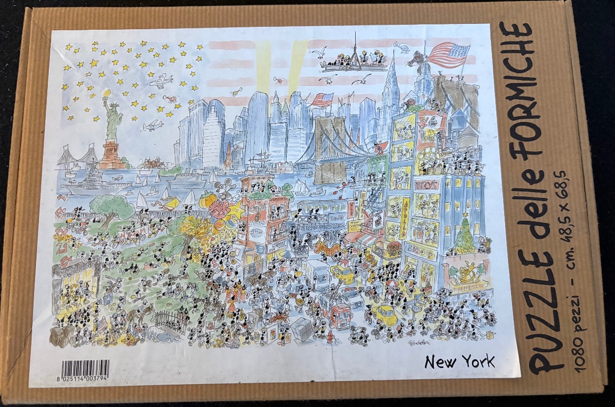 A cartoon illustration of New York City filled with hundreds of tiny ant-like characters.