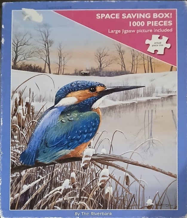 A detailed painting of a bright blue and orange kingfisher perched on a snowy reed by a frozen river in winter.