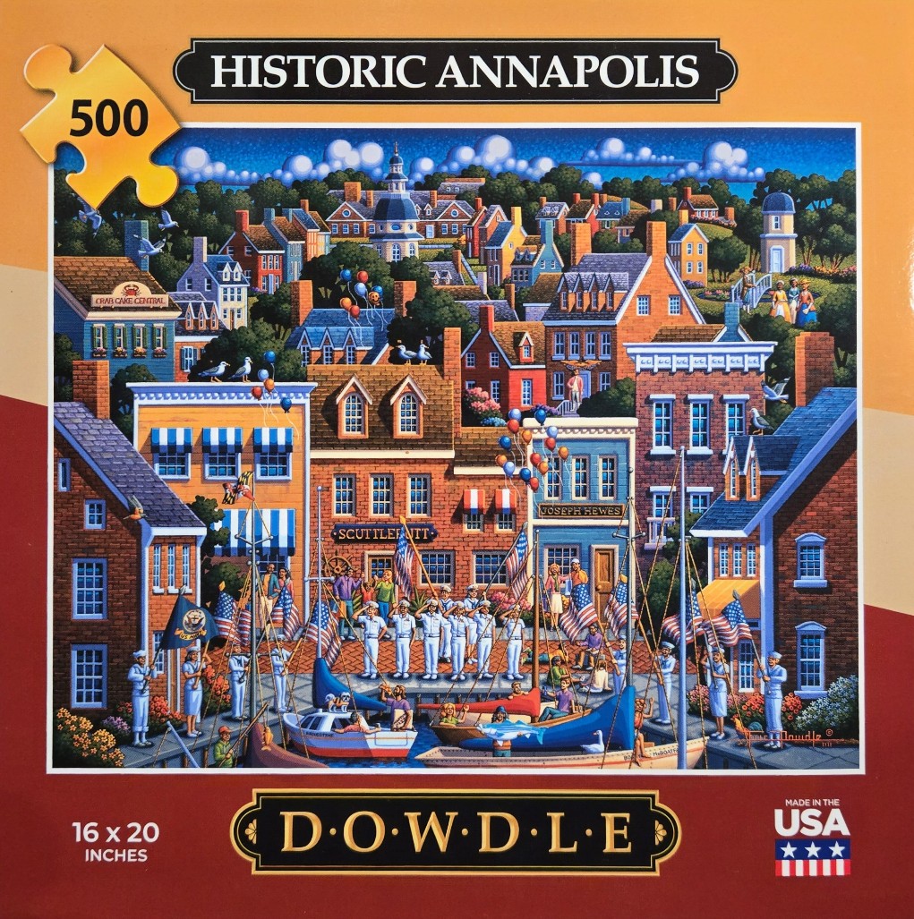 Folk art illustration of Historic Annapolis with red brick buildings, a harbor, and naval personnel.