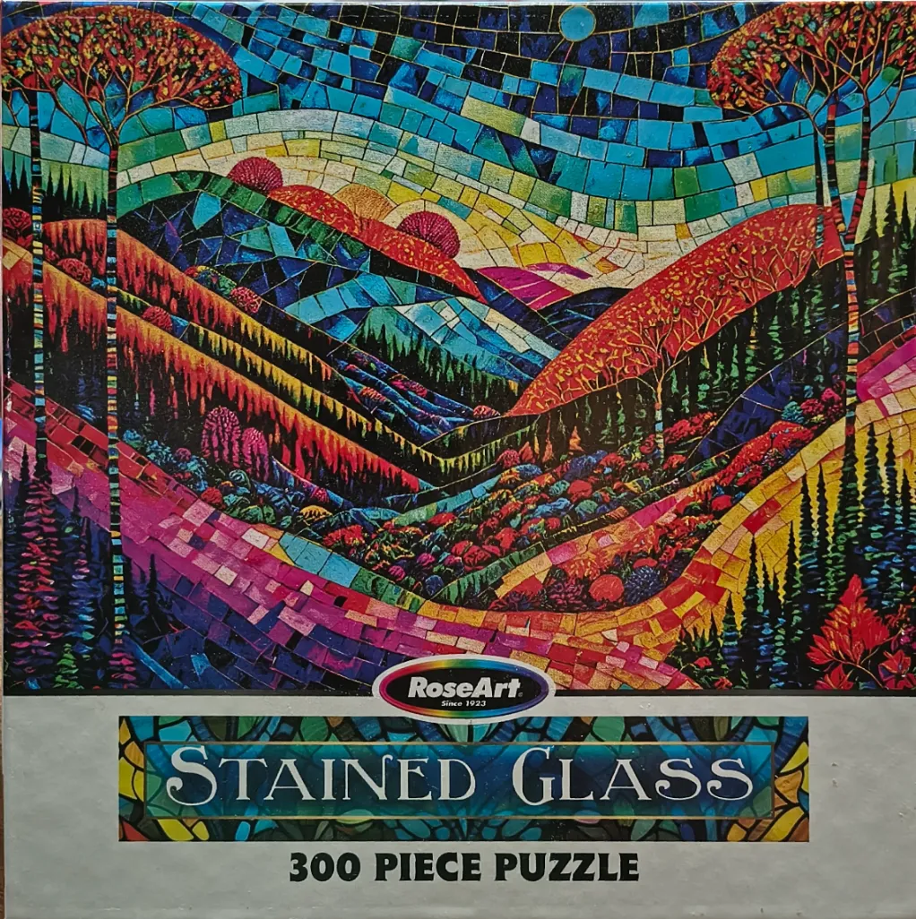 Stained glass mosaic style landscape of rolling hills and tall trees in vibrant colors