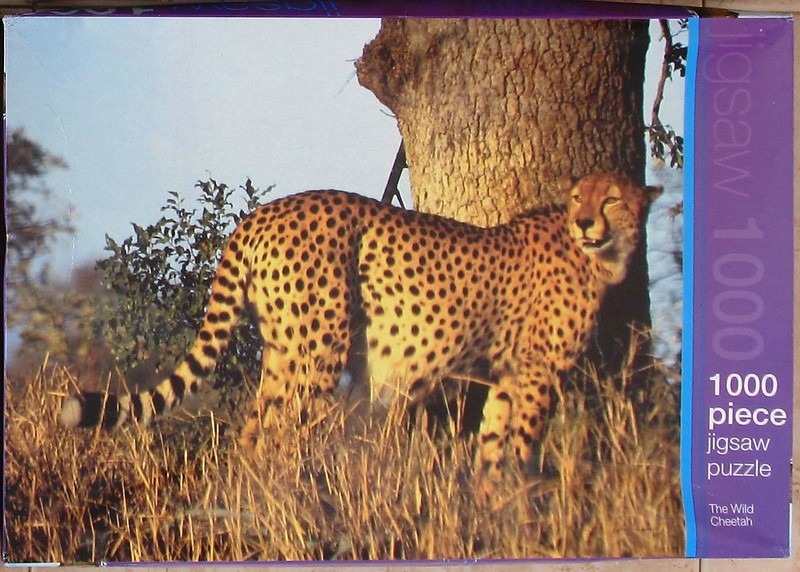 A cheetah standing in tall, dry grass beside a tree trunk in the savanna.
