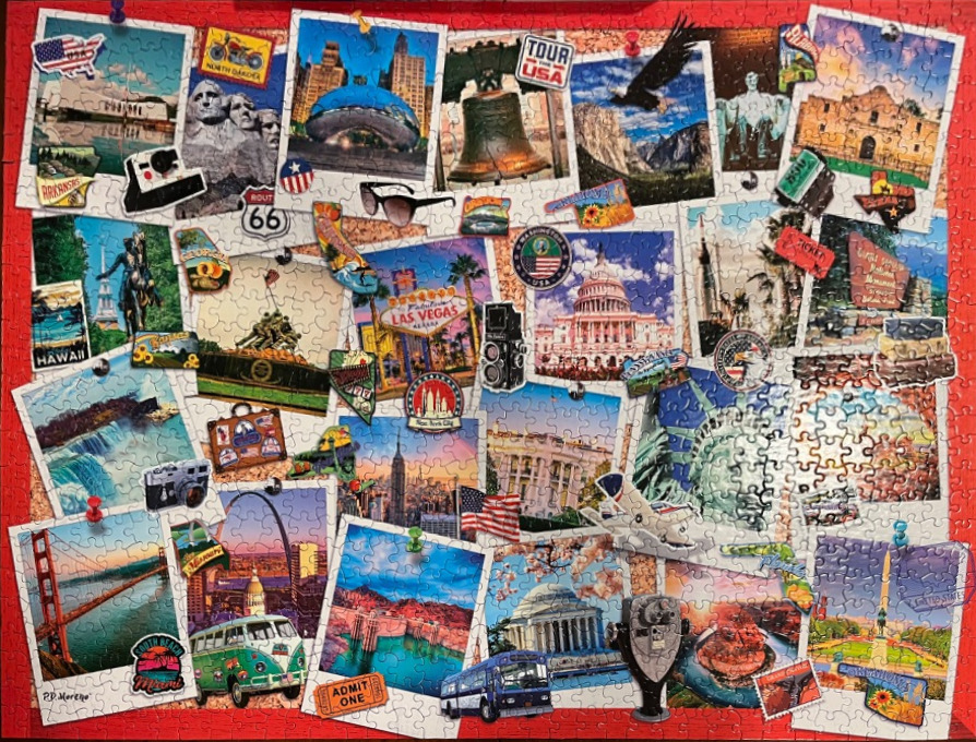 A collage of various landmarks and travel-themed items pinned to a cork board background.