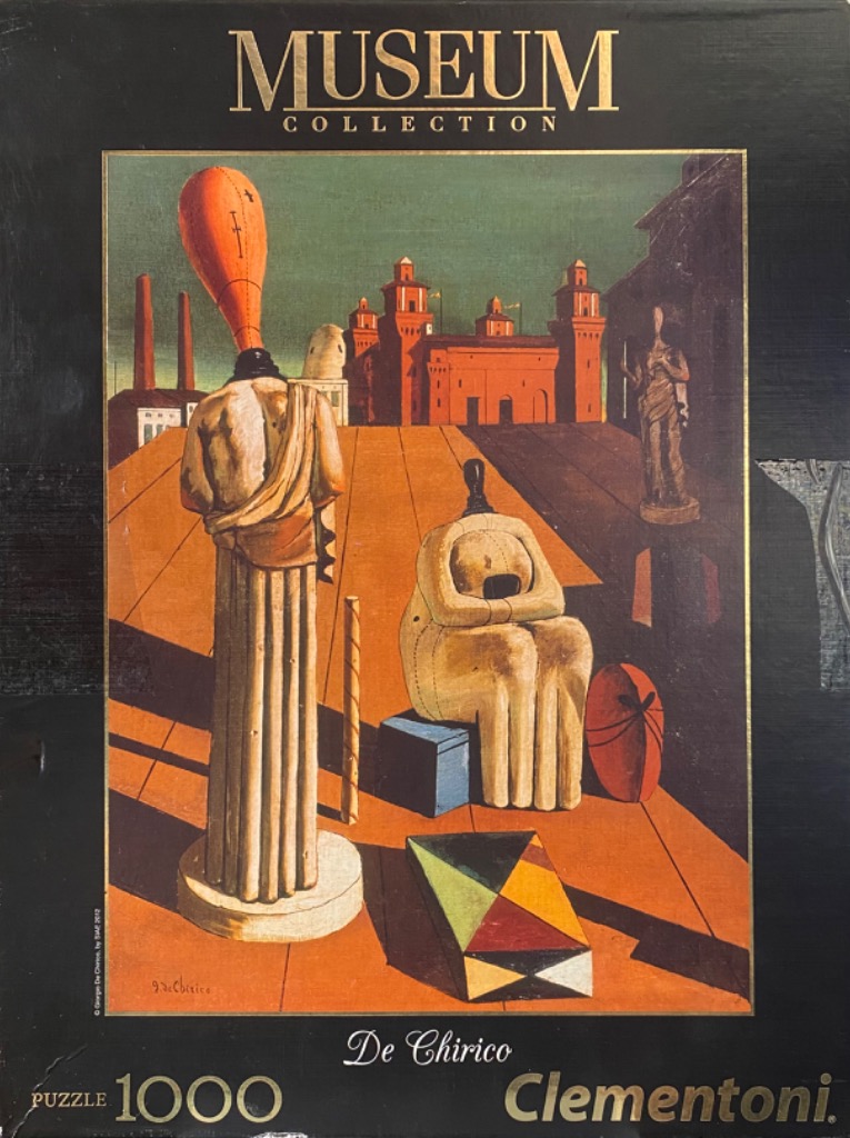 Surrealist painting by Giorgio de Chirico depicting faceless mannequins in a vast, desolate Italian-style plaza.