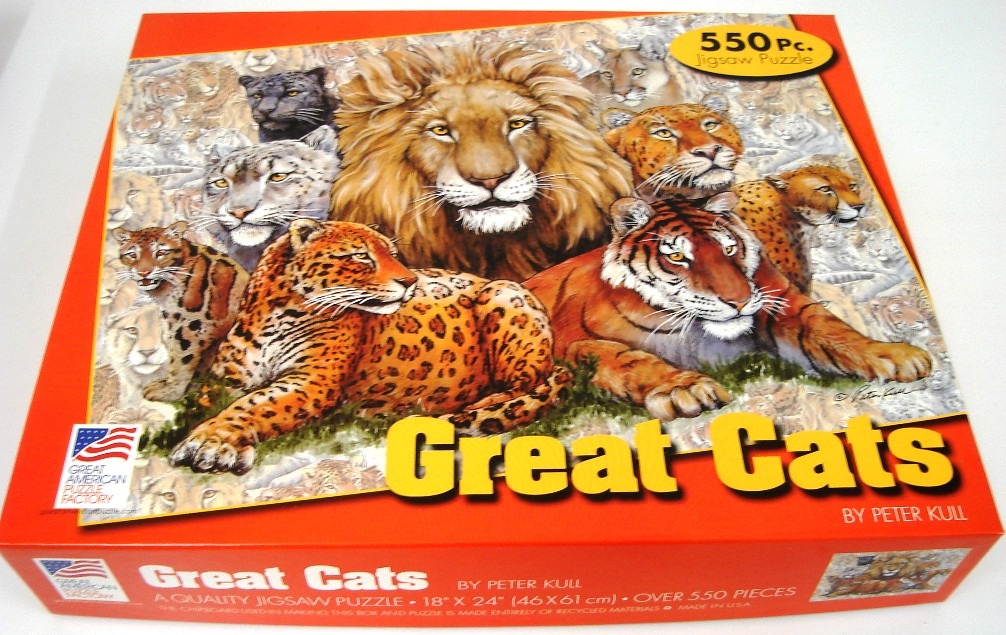 A montage of various large wild cats including a lion, tiger, leopard, and jaguar.