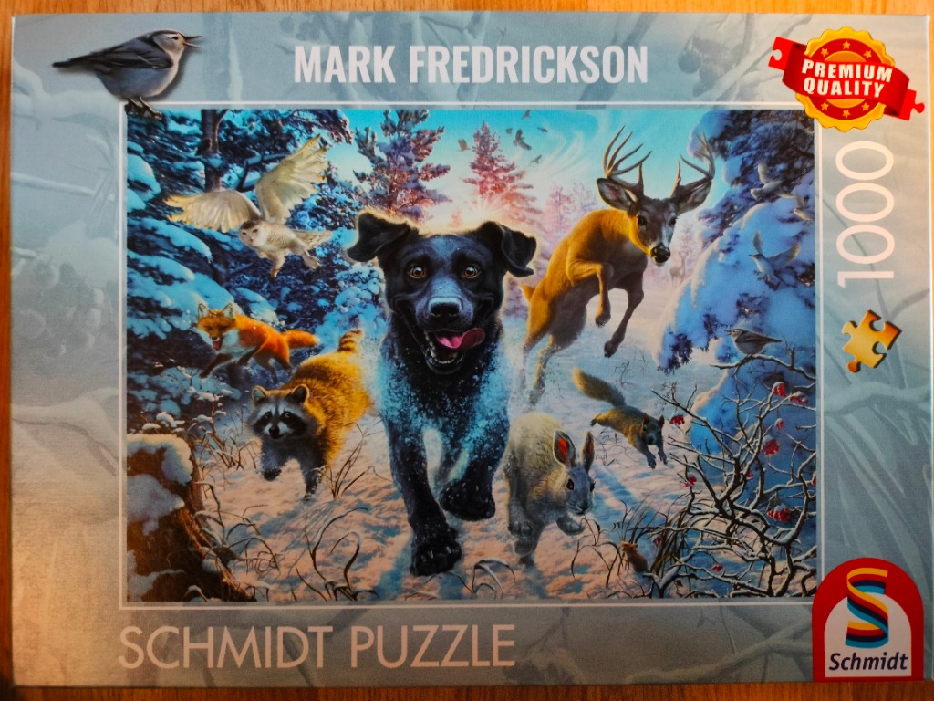 A joyful black dog running through a snowy forest, surrounded by diverse wildlife in a vibrant, artistic illustration.