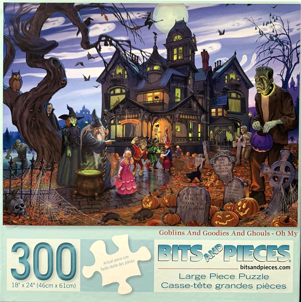 A Halloween illustration featuring a haunted house, classic monsters, and children trick-or-treating in a graveyard.