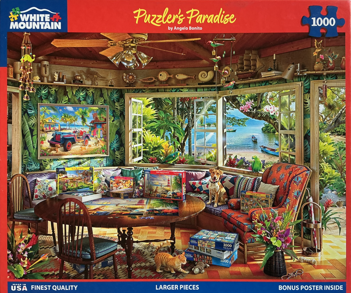 Cozy tropical sunroom featuring a bay window looking out to a beach with a dog and cat inside.