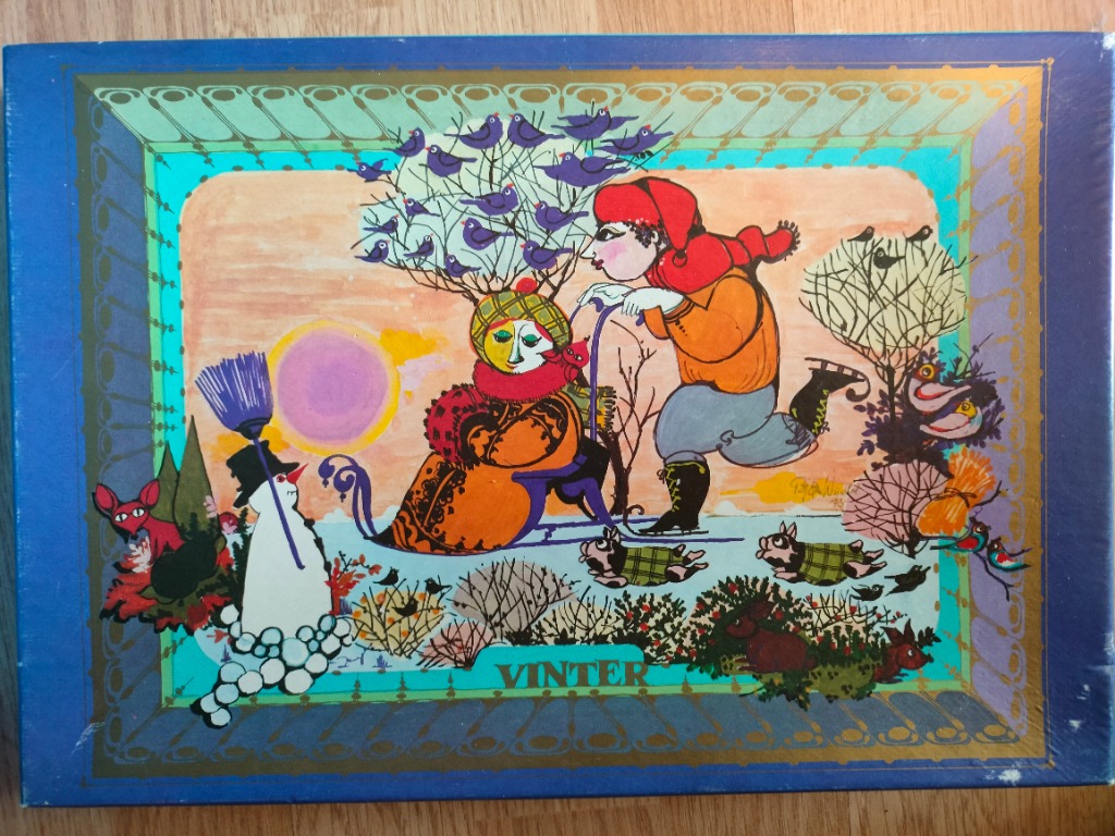 Folk art style illustration of a winter scene with a figure skating, a snowman, and woodland animals.