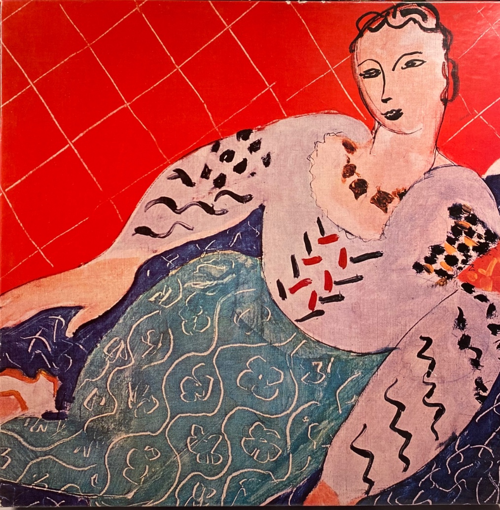 A Henri Matisse style painting of a reclining woman in a patterned dress against a red grid background.