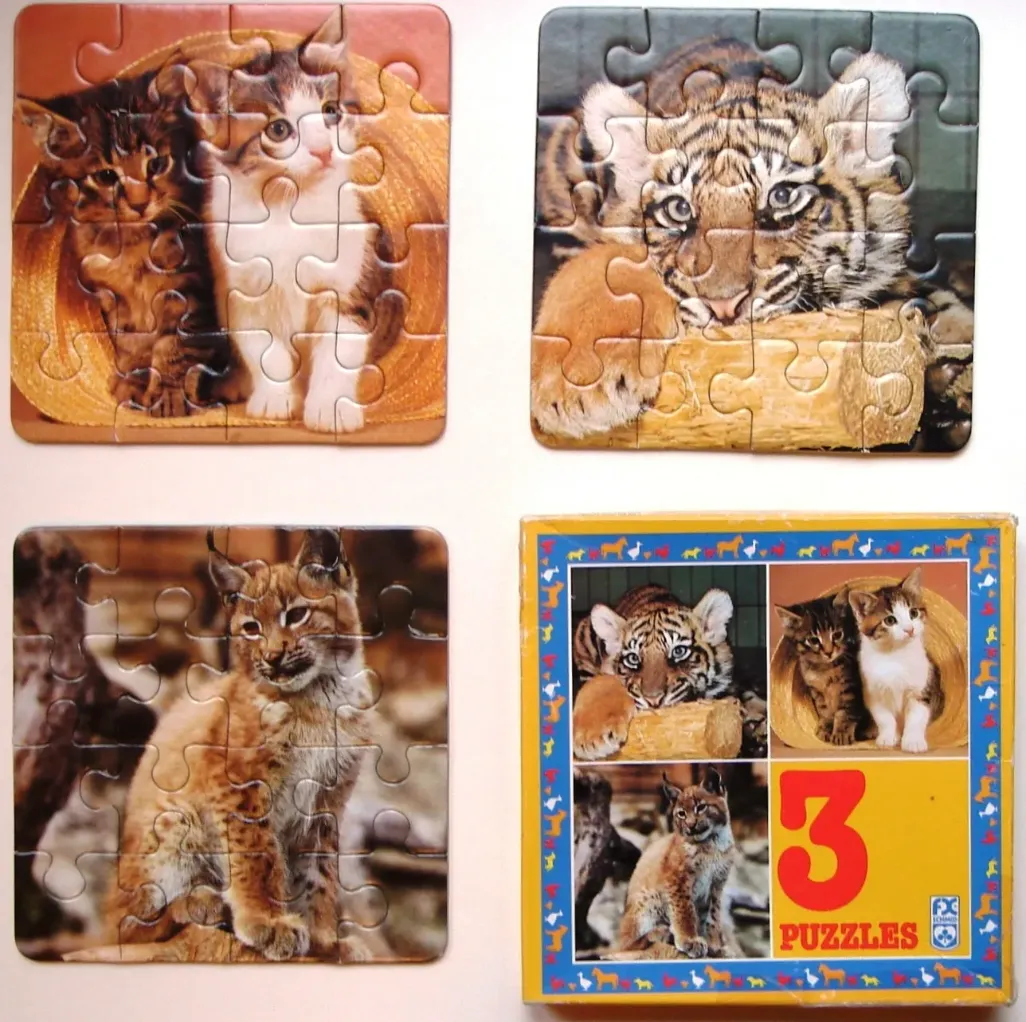 A collection of three square images featuring a tiger cub, two kittens in a hat, and a lynx kitten.