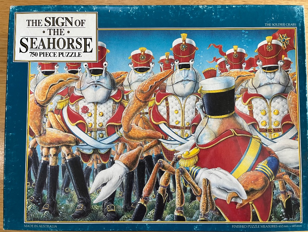 A whimsical illustration of a regiment of anthropomorphic crabs dressed in ornate military uniforms marching underwater.