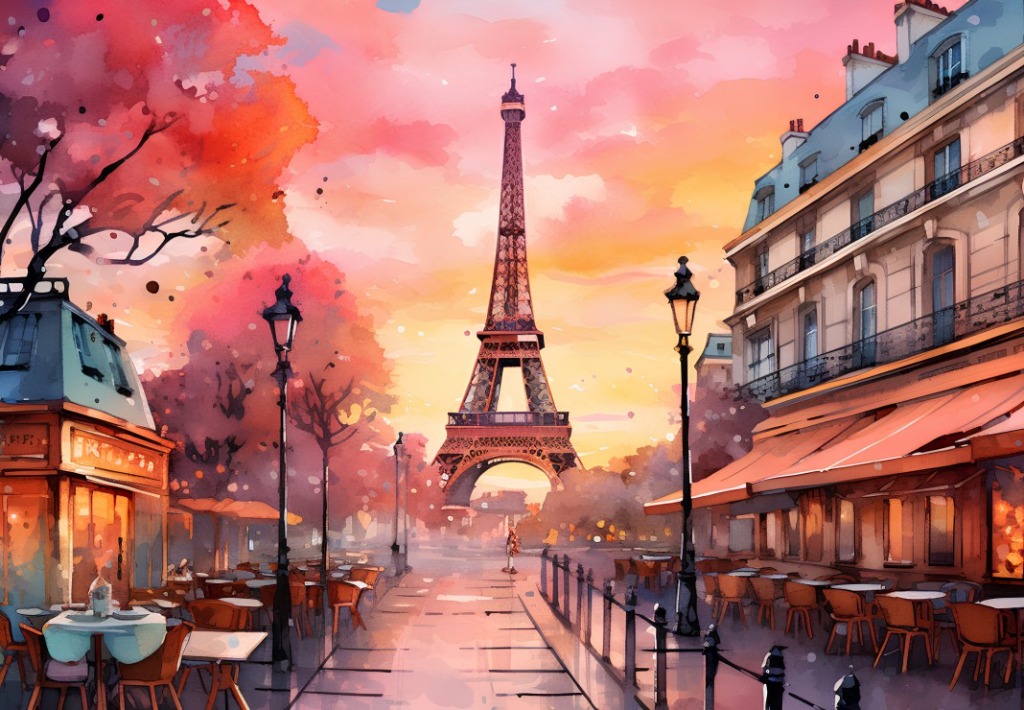 The Eiffel Tower rises above a Parisian street scene at sunset with soft watercolor aesthetics.