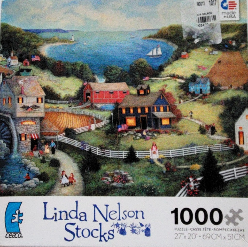 A folk art landscape painting featuring a rural coastal village with a watermill, farm buildings, and rolling green hills.