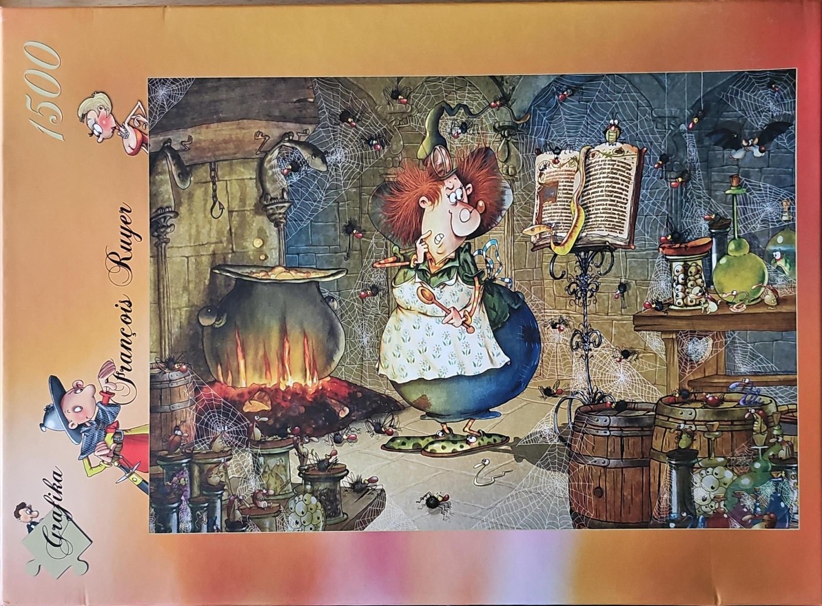 A whimsical illustration of a quirky witch in a cluttered, spiderweb-filled stone kitchen stirring a glowing cauldron.
